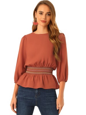 INSPIRE CHIC Women's 3/4 Sleeve Round Neck Smocked Waist Peplum Blouse