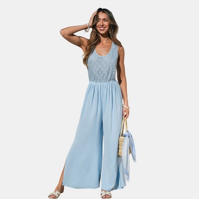 Women's Breezy Blue Lace Bodice Back Tie Jumpsuit - Cupshe