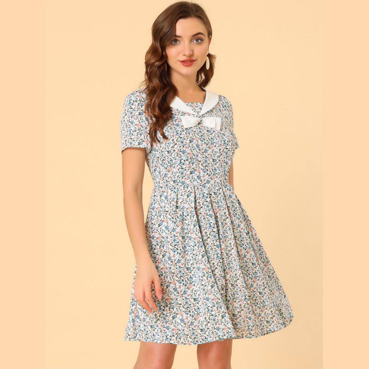 Женские платья INSPIRE CHIC Women's Fit and Flare Short Sleeve Sailor Collar Floral Dresses X-Large White Blue — фото 3