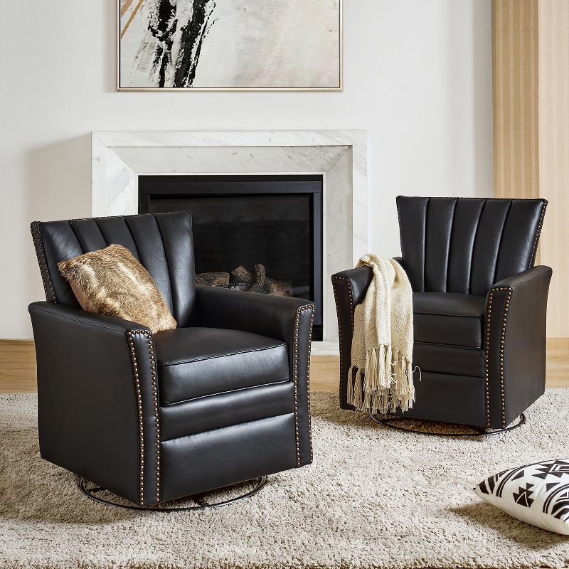 Set of 2 Eva Genuine Leather Swivel Rocker Armchair with Nailhead Trims for Living Room | ARTFUL LIVING DESIGN, 2 of 12