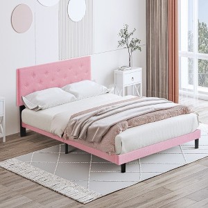 CAVINAS Platform Bed with Modern Button Tufted Linen Fabric Headboard,Upholstered Bed Frame,Box Spring Not Required - 1 of 4