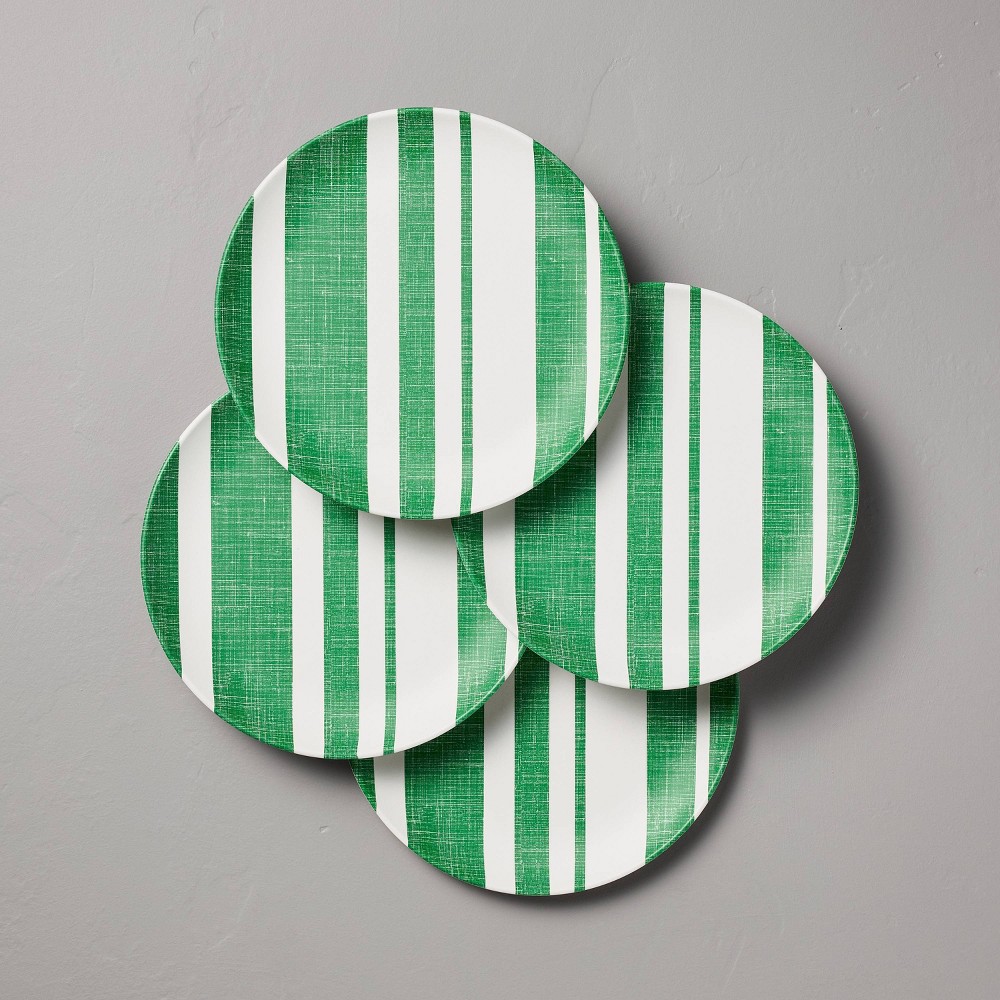 Photos - Other kitchen utensils 4pk 10.5" Distressed Stripe Melamine Dinner Plates Green/Cream - Hearth &