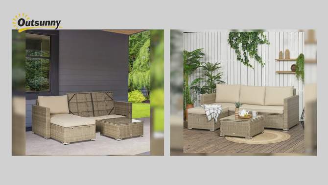 Outsunny 3 Piece Patio Furniture Set, Rattan Outdoor Sofa Set with Chaise Lounge & Loveseat, Soft Cushions, Storage, Table, Sectional Couch, Khaki, 2 of 8, play video