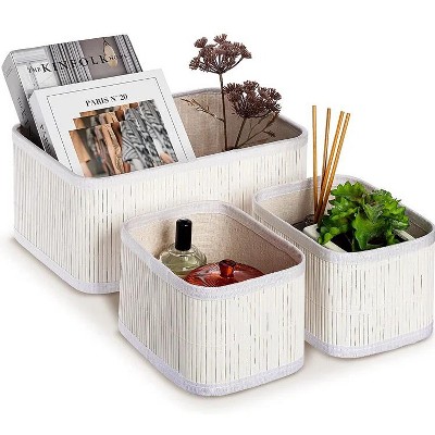 Image of Sorbus Bamboo Storage Baskets - 3 Piece Set- Organizer Bins Set for Closet, Open Shelves, Bedroom, Office and more (White)
