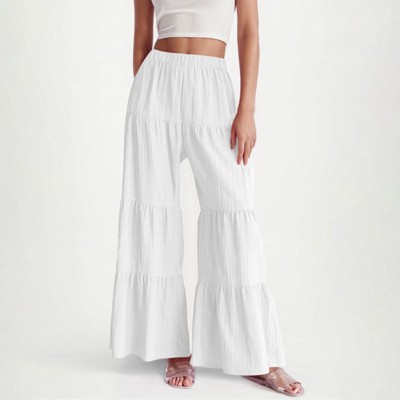 Clotth Womens Flowy Boho Pants - Elastic High Waist Ruffle Hem Wide Leg Beach Loose Palazzo Pants, Summer Baggy Tiered Flared Trousers