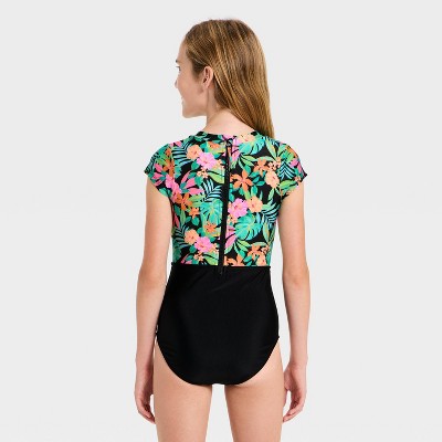 Детские купальники Cat & Jack Girls' Short Sleeve Sunset Tropics One Piece Swimsuit - Cat & Jack™ Black M — фото 2