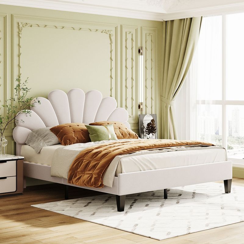 Upholstered Wood Platform Bed with Flower Pattern Velvet Headboard-ModernLuxe, 2 of 13