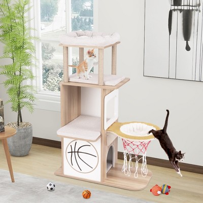 Natural Wooden Cat Tree with Condos, Perches, and Basketball Hoop