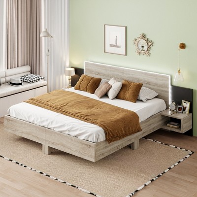 Queen/King Size Floating Platform Bed with LED Lights and Nightstands, Natural/White/Gray-ModernLuxe
