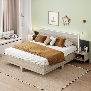 Queen/King Size Floating Platform Bed with LED Lights and Nightstands, Natural/White/Gray-ModernLuxe - 1 of 4