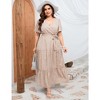 Women Plus Size Maxi Dress V Neck Summer Dress Short Sleeve Long Dress High Waist Ruffle Casual Dress with Belt - 3 of 4