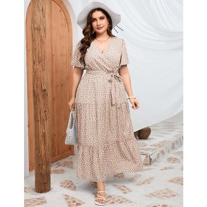 Women Plus Size Maxi Dress V Neck Summer Dress Short Sleeve Long Dress High Waist Ruffle Casual Dress with Belt, Khaki White Dot, XL - 1 of 4