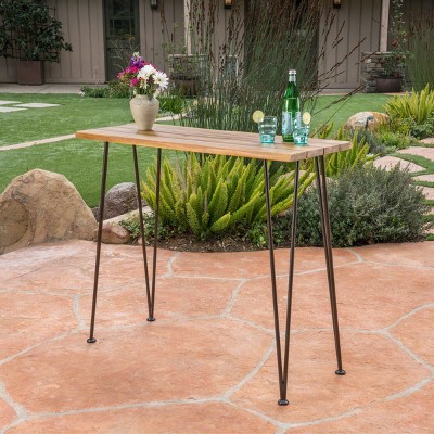 Coolbibila Modern Outdoor Industrial Teak Finished Acacia Wood Bar Table,Wooden Dining Table With Metal Frame,Patio Bistro Porch Bar Table