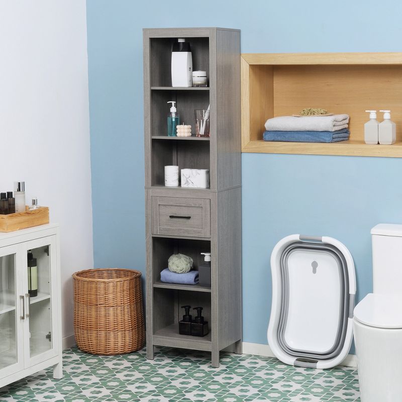 kleankin Narrow Bathroom Storage Cabinet with Drawer and 5 Tier Shelf, Tall Cupboard Freestanding Linen Towel, Slim Corner Organizer, Gray, 3 of 8
