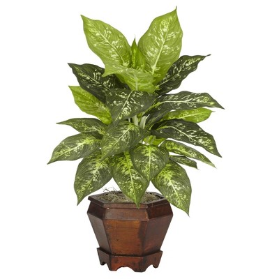 Lush Two-Tone Dieffenbachia Silk Plant Duo with Wooden Vase