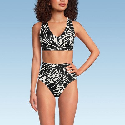 Lands' End Women's Chlorine Resistant V-neck Midkini Swimsuit Top and High Leg High Waisted Bottoms 2 Piece Set