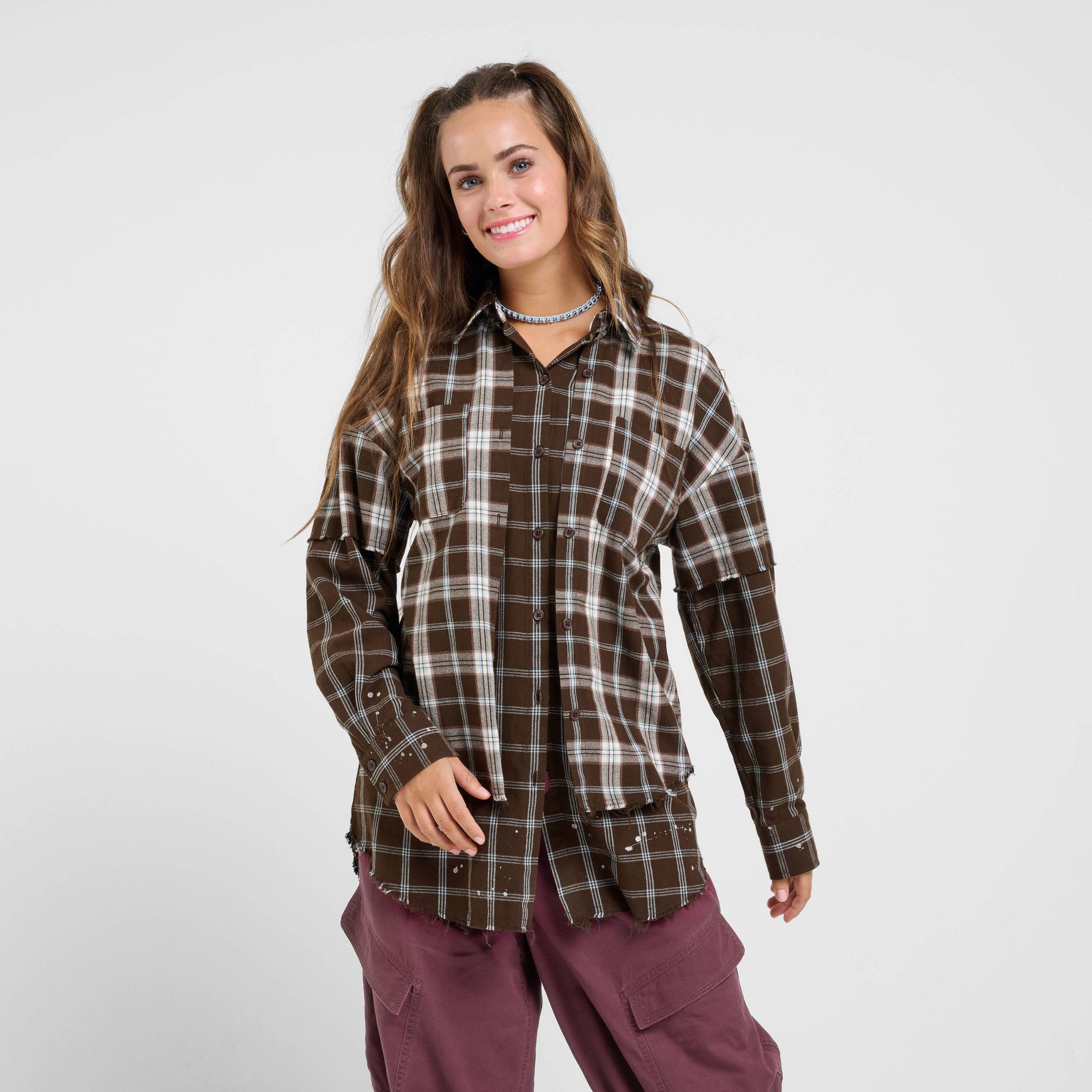 Women's dELiA*s Two-Fer Flannal Button-Down Shirt - Brown Plaid XXS