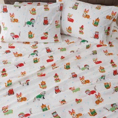 Queen Size Dog Cat Christmas Cotton Flannel Sheet Set