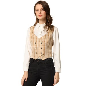 Allegra K Women's Plaid Vintage Steampunk Waistcoat Suit Vest - 1 of 4