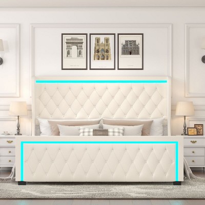 Bed With Frame And Headboard,Wide Wingback Upholstered Bed,Velvet Fabric Bed With Deep Tufted Buttons,RGB LED Light Strip-Cuddlewood