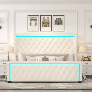 Bed With Frame And Headboard,Wide Wingback Upholstered Bed,Velvet Fabric Bed With Deep Tufted Buttons,RGB LED Light Strip-Cuddlewood - 1 of 4
