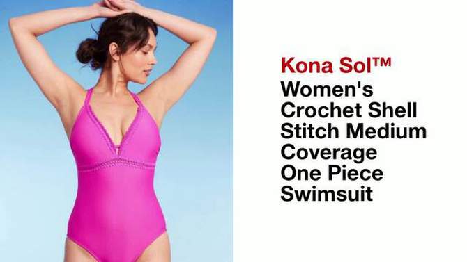 Women's Crochet Shell Stitch Medium Coverage One Piece Swimsuit - Kona Sol™ Pink, 2 of 19, play video