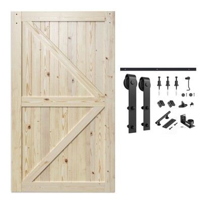 SMARTSTANDARD 84 in. Height K Shape Natural Wood Interior Sliding Barn Door with Hardware Kit