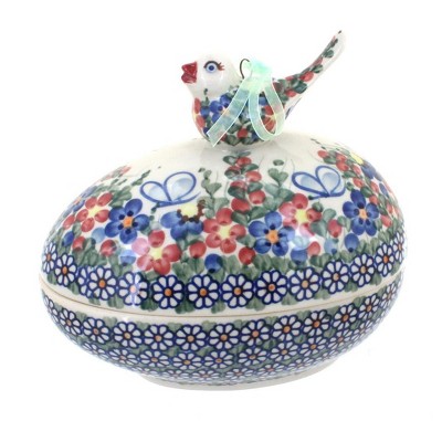 Blue Rose Polish Pottery Garden Butterfly Egg Box with Bird