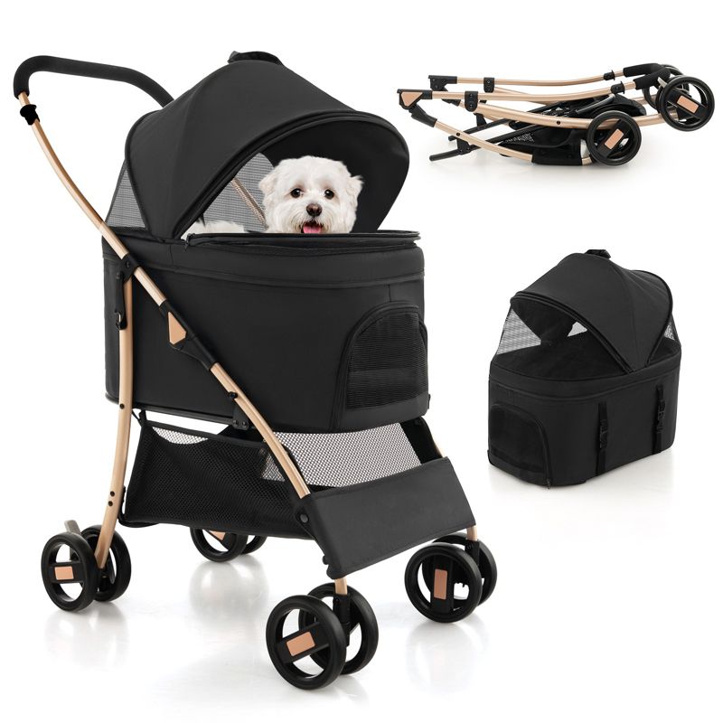 Petsite 3-In-1 Pet Stroller with Removable Car Seat Carrier 4-Level Adjustable Canopy Black+Gold/Blue/Black, 1 of 11