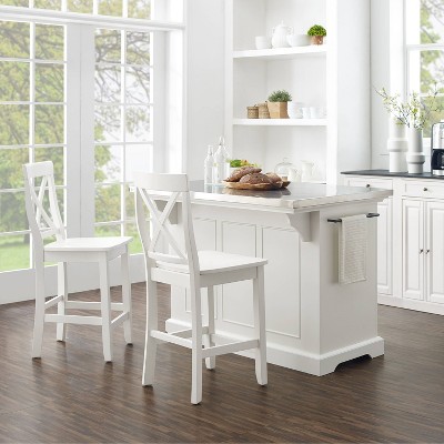 Julia 50'' White and Stainless Steel Kitchen Island Set with Stools