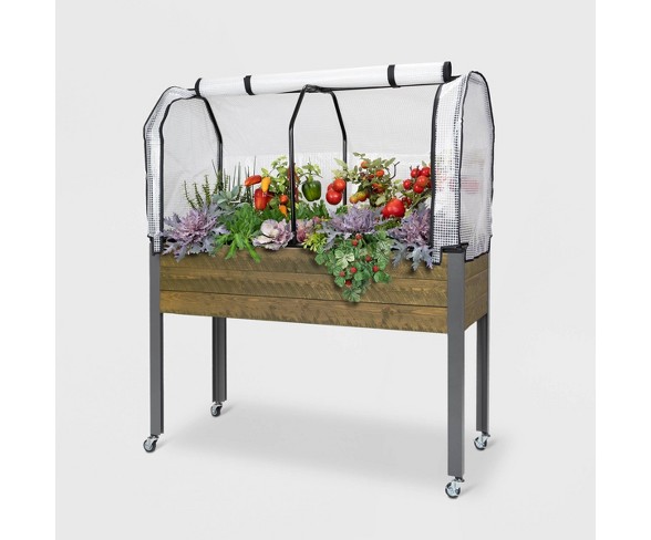 56" Rectangular Elevated Wooden Spruce Planter With Greenhouse Cover Brown - CedarCraft