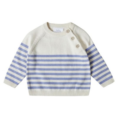 Stellou & Friends 100% Cotton Striped Boys and Girls Long Sleeve Sweater with Shoulder Button Closure  - 3-4 Years / White with Periwinkle Stripes