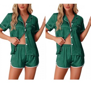 INSPIRE CHIC Women's 2 Pcs Satin Pajamas Silky Short Sleeve Button Down Pajama Sets - 1 of 4