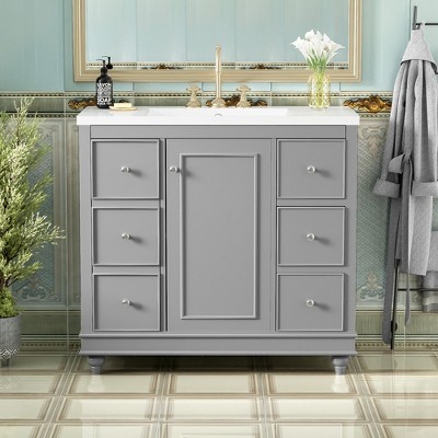 Whisen 36 in. Bathroom Storage Cabinet Bathroom Vanity with Resin Sink, Adjustable Shelves and 4 Drawers