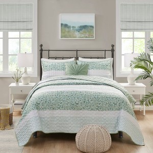 4 Pcs Stylish Seersucker Floral Print Quilt Set, Farmhouse Style Extraordinary Touch Bedding Set, Lace Trim Coverlet Set with Matching Throw Pillows - 1 of 4