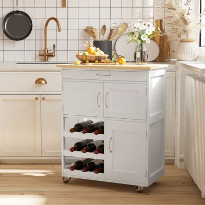 White Wood Rolling Kitchen Cart with Butcher Block Top and Wine Rack