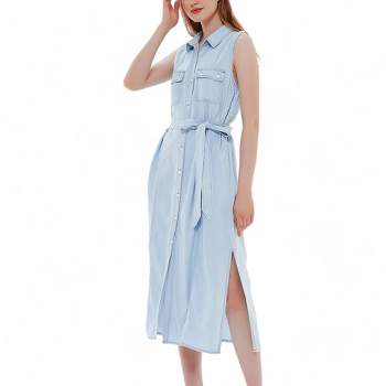 Anna-Kaci Women's Sleeveless Jean Shirt Dress Tied Waist Turn Down Collar Pocket Denim Dress