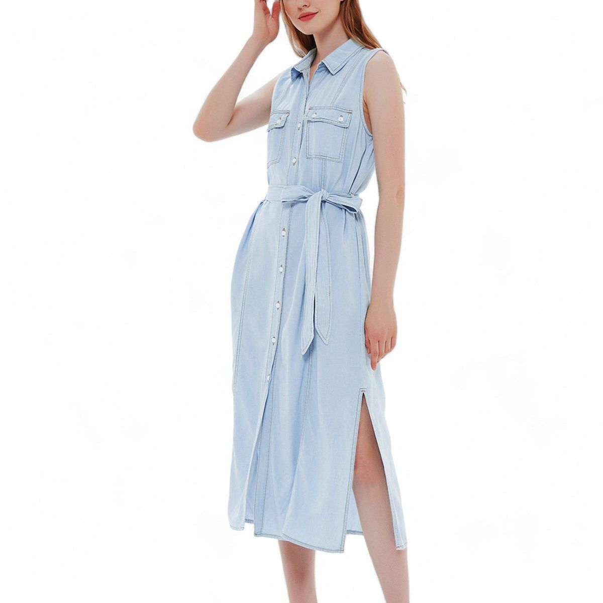 Anna-Kaci Women's Jean Shirt Dress Tied Waist Turn Down Collar Pocket Denim Dress - thumbnail 9