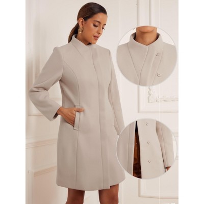 Allegra K Women's Stand Collar Long Sleeve Button Down Winter Pea Coat Medium Beige — фото 2