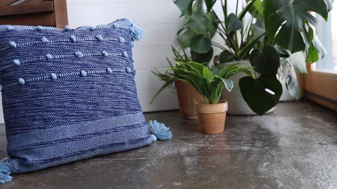Blue with Corner Tassels 18X18 Hand Woven Filled Outdoor Pillow - Foreside Home & Garden, 2 of 7, play video