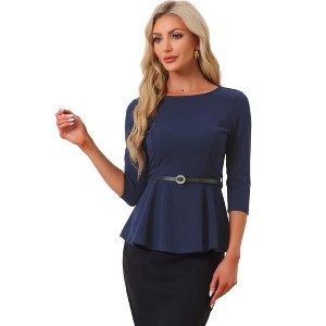 INSPIRE CHIC Women's 3/4 Sleeve Belted Elegant Business Work Peplum Top - 1 of 4