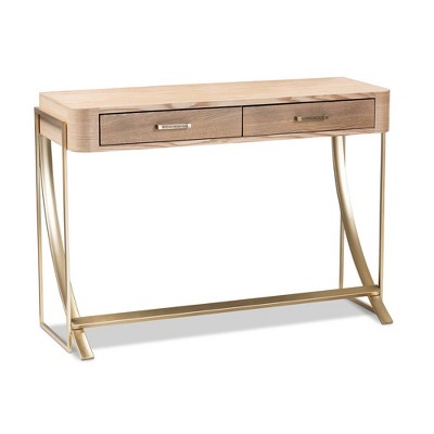 Light Brown and Gold Wood Metal Hallway Table with Storage