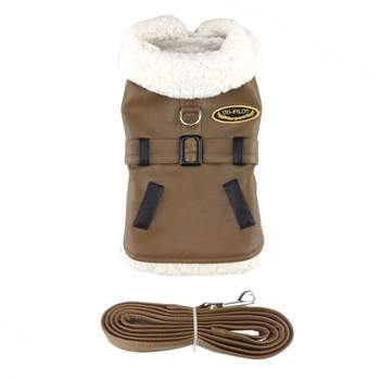 Doggie Design Faux Leather Bomber Dog Coat Harness and Leash- Brown and Black