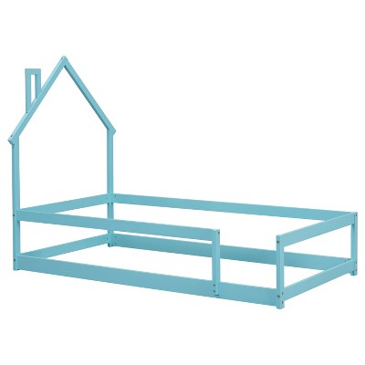 VYNXARIA Light Blue Pine Twin - Size Bed Frame with House-shaped Headboard and Rails