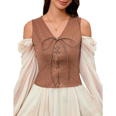 Acekool Women’s Pirate Steampunk Vest – Lace-Up Medieval Bodice, Suede Look Cosplay Waistcoat for Costume or Daily Wear