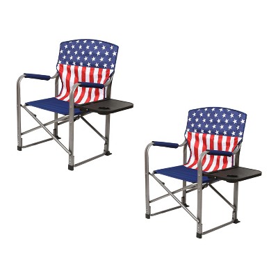 Kamp-Rite AFC101 Outdoor Tailgating Camping Outdoor Indoor Folding Portable Compact Directors Chair with Side Table, USA Flag (2 Pack)