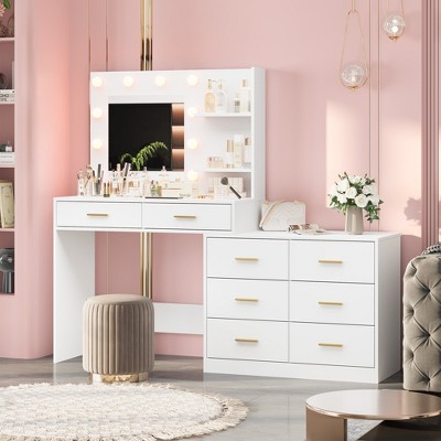 Whizmax Make up Vanity Desk with Mirror and Lights, Vanity with 8 Wide Storage Drawers & 2 Tier Shelves , 3 lighting modes with adjustable brightness