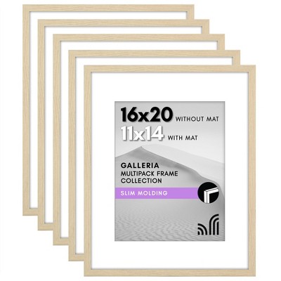 Americanflat 16x20 Picture Frame with Polished Plexiglass - Set of 5 - Use as 11x14 with Mat or 16x20 Without Mat - Galleria Collection - Natural Oak