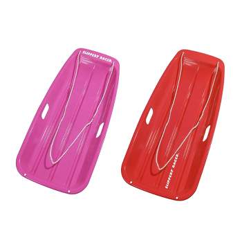 Slippery Racer Downhill Sprinter Flexible Kids Toddler Plastic Cold-Resistant Toboggan Snow Sled w/ Pull Rope and Handles, 2 Pack, 1 Pink and 1 Red