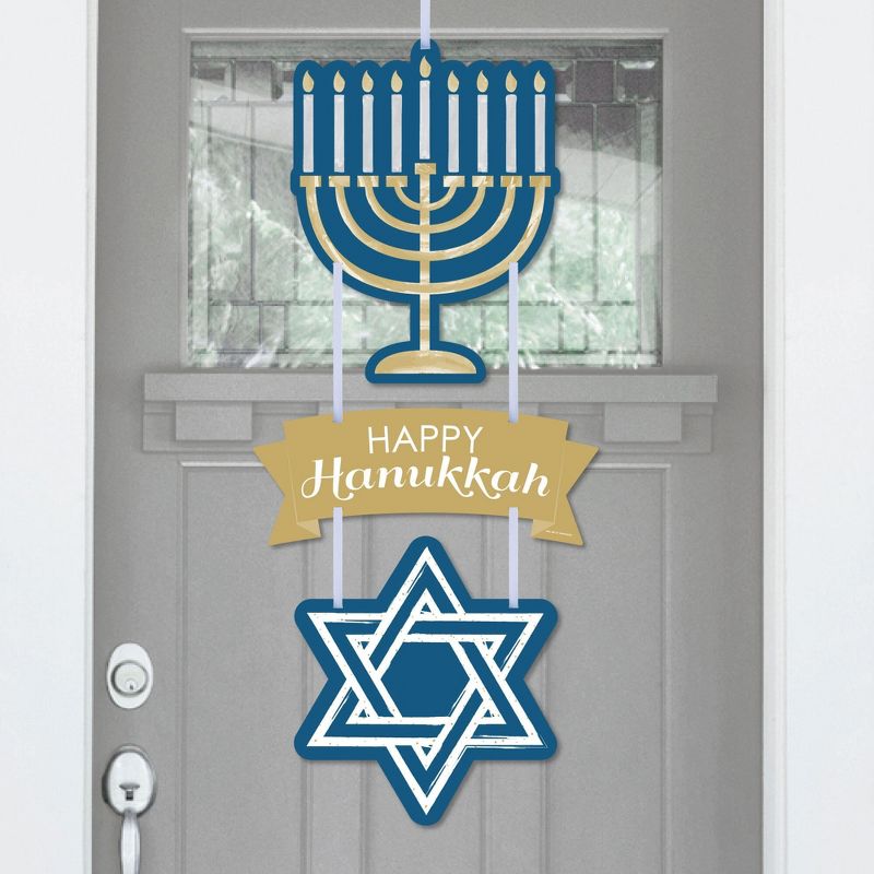 Big Dot of Happiness Happy Hanukkah - Hanging Porch Chanukah Holiday Party Outdoor Decorations - Front Door Decor - 3 Piece Sign, 1 of 9